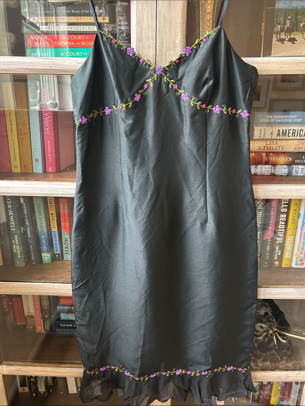 Black Vintage Ann Taylor Silk Slip Dress with Purple Floral Embroidery